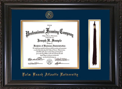 Image of Palm Beach Atlantic University Diploma Frame - Vintage Black Scoop - w/Embossed Seal & Name - Tassel Holder - Navy on Gold mats