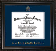 Image of Palm Beach Atlantic University Diploma Frame - Vintage Black Scoop - w/Embossed Seal & Name - Navy on Gold mats