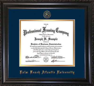 Image of Palm Beach Atlantic University Diploma Frame - Vintage Black Scoop - w/Embossed Seal & Name - Navy on Gold mats