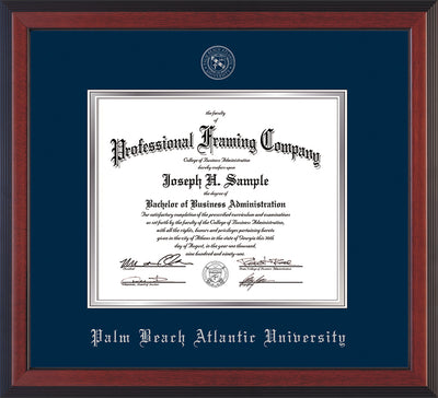 Image of Palm Beach Atlantic University Diploma Frame - Cherry Reverse - w/Silver Embossed Seal & Name - Navy on Silver mats