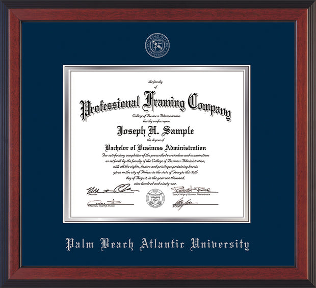 Image of Palm Beach Atlantic University Diploma Frame - Cherry Reverse - w/Silver Embossed Seal & Name - Navy on Silver mats