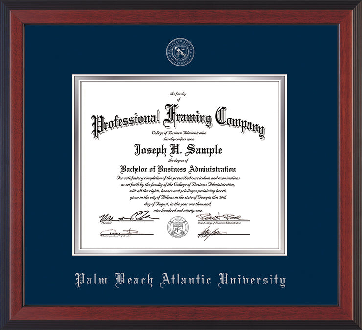 Image of Palm Beach Atlantic University Diploma Frame - Cherry Reverse - w/Silver Embossed Seal & Name - Navy on Silver mats