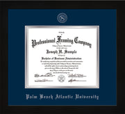 Image of Palm Beach Atlantic University Diploma Frame - Flat Matte Black - w/Silver Embossed Seal & Name - Navy on Silver mats