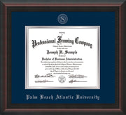 Image of Palm Beach Atlantic University Diploma Frame - Mahogany Braid - w/Silver Embossed Seal & Name - Navy on Silver mats
