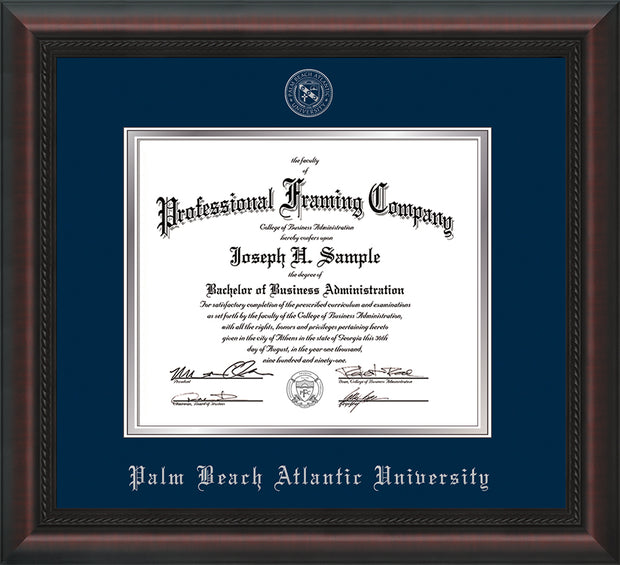 Image of Palm Beach Atlantic University Diploma Frame - Mahogany Braid - w/Silver Embossed Seal & Name - Navy on Silver mats