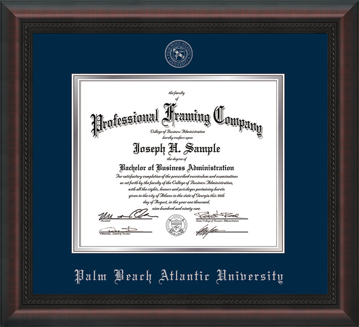 Image of Palm Beach Atlantic University Diploma Frame - Mahogany Braid - w/Silver Embossed Seal & Name - Navy on Silver mats