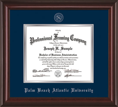 Image of Palm Beach Atlantic University Diploma Frame - Mahogany Lacquer - w/Silver Embossed Seal & Name - Navy on Silver mats