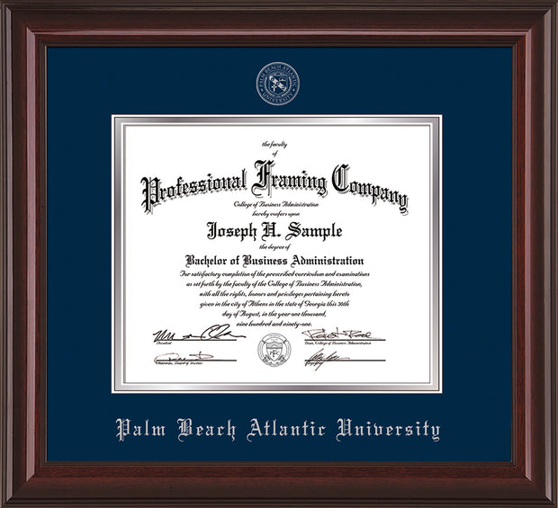 Image of Palm Beach Atlantic University Diploma Frame - Mahogany Lacquer - w/Silver Embossed Seal & Name - Navy on Silver mats