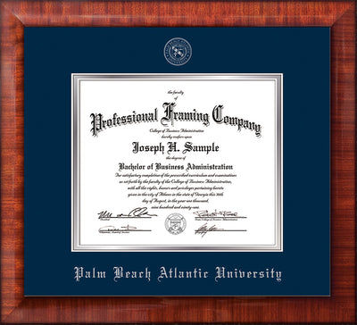 Image of Palm Beach Atlantic University Diploma Frame - Mezzo Gloss - w/Silver Embossed Seal & Name - Navy on Silver mats