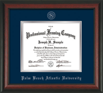 Image of Palm Beach Atlantic University Diploma Frame - Rosewood - w/Silver Embossed Seal & Name - Navy on Silver mats