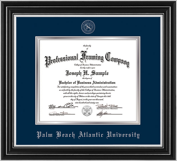 Image of Palm Beach Atlantic University Diploma Frame - Satin Silver - w/Silver Embossed Seal & Name - Navy on Silver mats