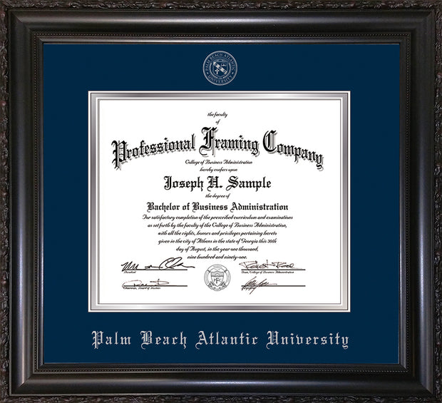 Image of Palm Beach Atlantic University Diploma Frame - Vintage Black Scoop - w/Silver Embossed Seal & Name - Navy on Silver  mats