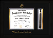Image of Pasco-Hernando State College Diploma Frame - Flat Matte Black - w/Embossed PHSC Seal & Name - Tassel Holder - Black on Gold mat