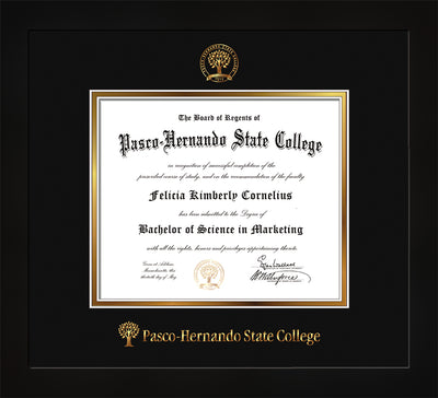 Image of Pasco-Hernando State College Diploma Frame - Flat Matte Black - w/Embossed PHSC Seal & Name - Black on Gold mat