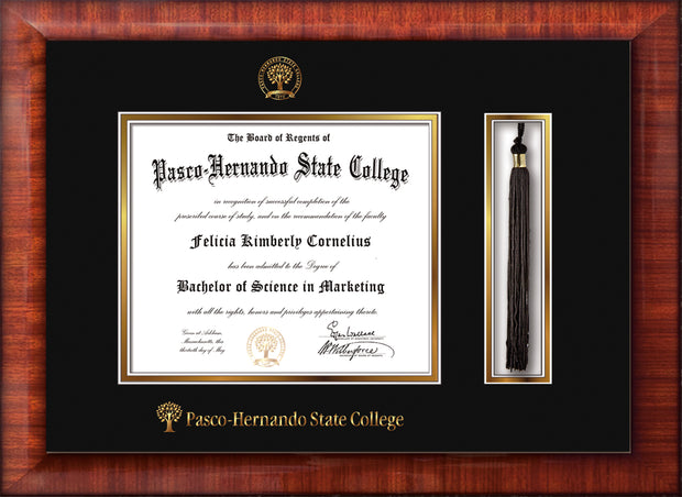 Image of Pasco-Hernando State College Diploma Frame - Mezzo Gloss- w/Embossed PHSC Seal & Name - Tassel Holder - Black on Gold mat