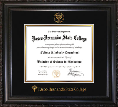 Image of Pasco-Hernando State College Diploma Frame - Vintage Black Scoop - w/Embossed PHSC Seal & Name - Black on Gold mat