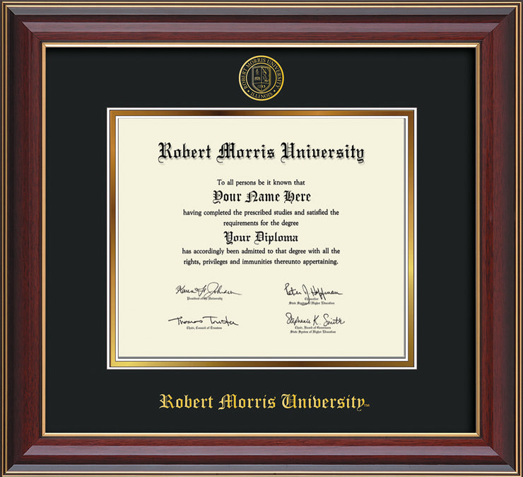 Image of Robert Morris University - Illinois Diploma Frame - Cherry Lacquer - w/Embossed RMU Seal & Name - Black on Gold mat