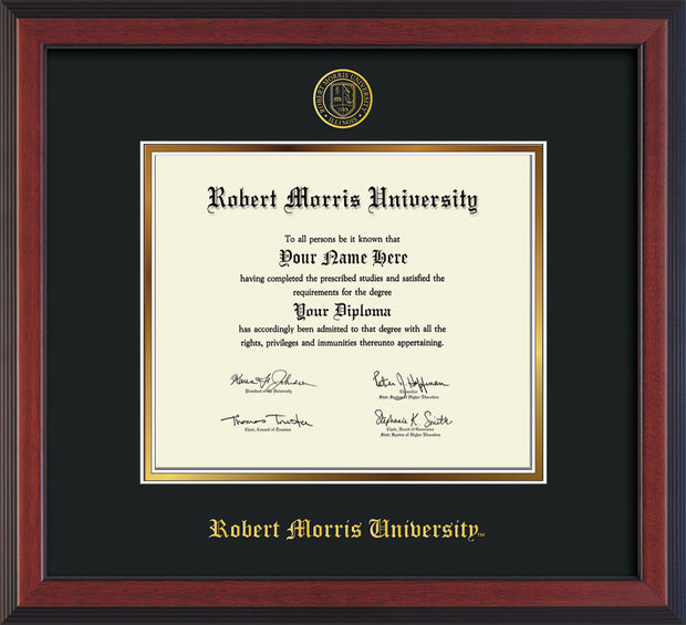 Image of Robert Morris University - Illinois Diploma Frame - Cherry Reverse - w/Embossed RMU Seal & Name - Black on Gold mat