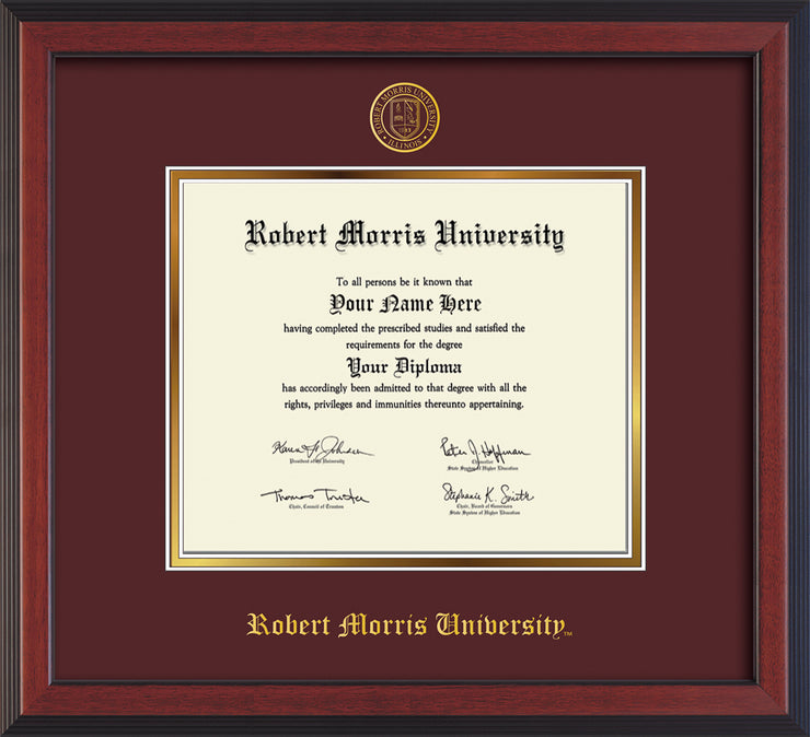 Image of Robert Morris University - Illinois Diploma Frame - Cherry Reverse - w/Embossed RMU Seal & Name - Maroon on Gold mat