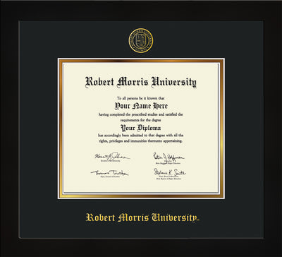 Image of Robert Morris University - Illinois Diploma Frame - Flat Matte Black - w/Embossed RMU Seal & Name - Black on Gold mat