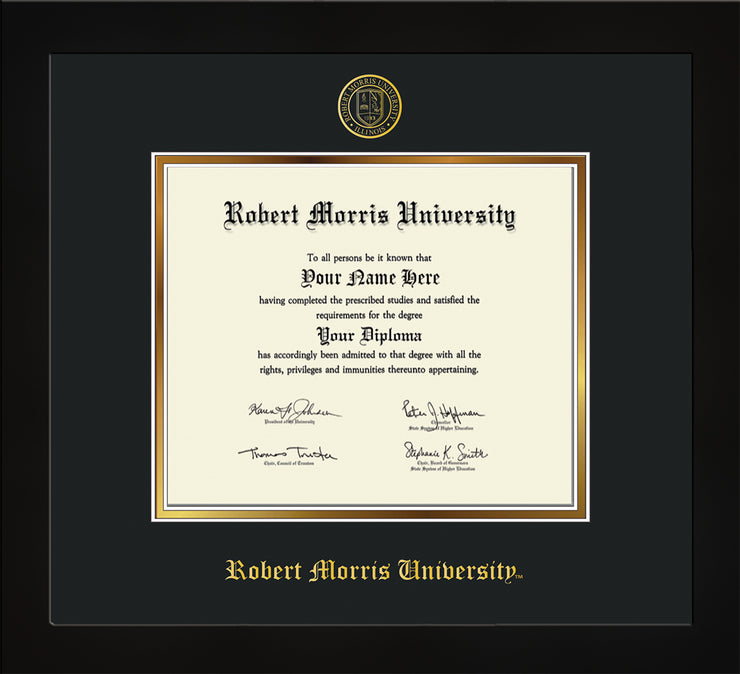 Image of Robert Morris University - Illinois Diploma Frame - Flat Matte Black - w/Embossed RMU Seal & Name - Black on Gold mat