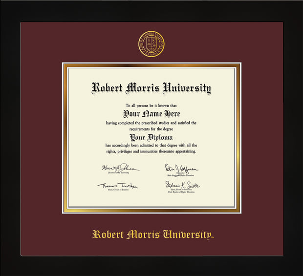 Image of Robert Morris University - Illinois Diploma Frame - Flat Matte Black - w/Embossed RMU Seal & Name - Maroon on Gold mat