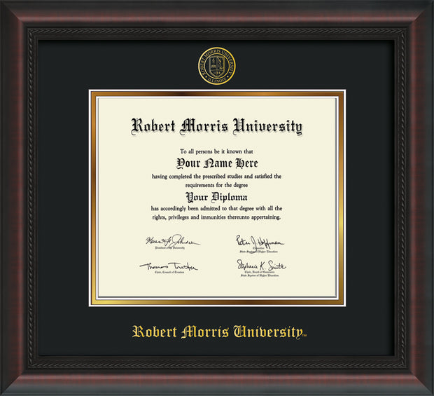 Image of Robert Morris University - Illinois Diploma Frame - Mahogany Braid - w/Embossed RMU Seal & Name - Black on Gold mat