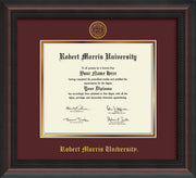 Image of Robert Morris University - Illinois Diploma Frame - Mahogany Braid - w/Embossed RMU Seal & Name - Maroon on Gold mat