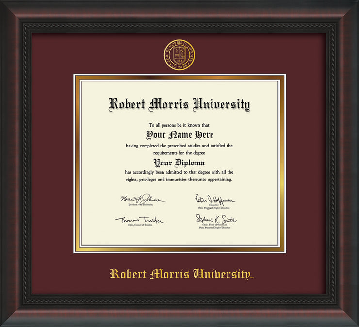 Image of Robert Morris University - Illinois Diploma Frame - Mahogany Braid - w/Embossed RMU Seal & Name - Maroon on Gold mat