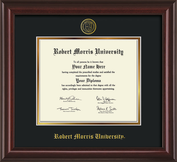 Image of Robert Morris University - Illinois Diploma Frame - Mahogany Lacquer - w/Embossed RMU Seal & Name - Black on Gold mat