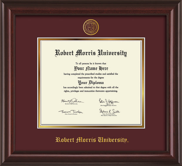 Image of Robert Morris University - Illinois Diploma Frame - Mahogany Lacquer - w/Embossed RMU Seal & Name - Maroon on Gold mat