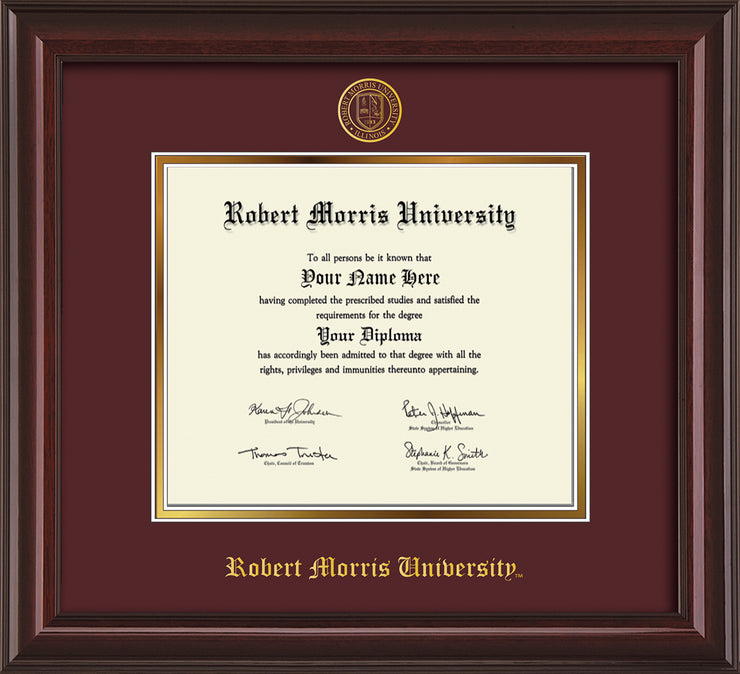 Image of Robert Morris University - Illinois Diploma Frame - Mahogany Lacquer - w/Embossed RMU Seal & Name - Maroon on Gold mat