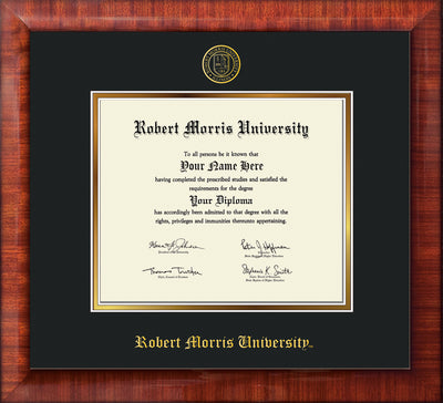 Image of Robert Morris University - Illinois Diploma Frame - Mezzo Gloss - w/Embossed RMU Seal & Name - Black on Gold mat