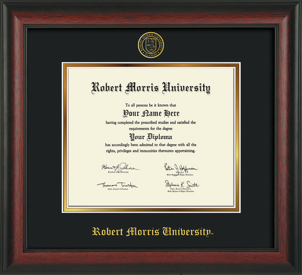 Image of Robert Morris University - Illinois Diploma Frame - Rosewood - w/Embossed RMU Seal & Name - Black on Gold mat