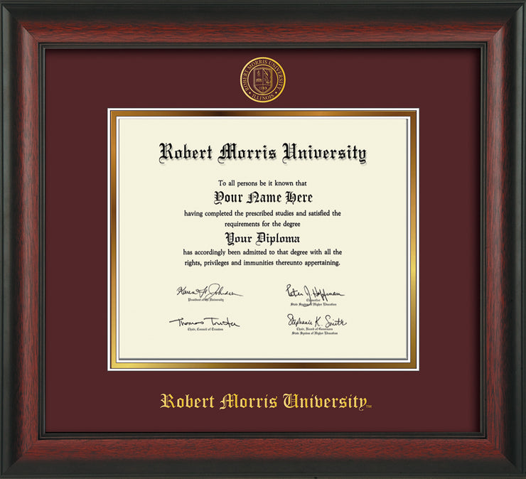 Image of Robert Morris University - Illinois Diploma Frame - Rosewood - w/Embossed RMU Seal & Name - Maroon on Gold mat