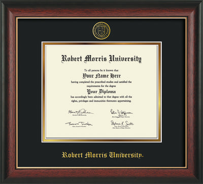 Robert Morris University - Illinois Diploma Frame - Rosewood w/Gold Lip - w/Embossed RMU Seal & Name - Black on Gold mat
