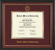 Image of Robert Morris University - Illinois Diploma Frame - Rosewood w/Gold Lip - w/Embossed RMU Seal & Name - Maroon on Gold mat