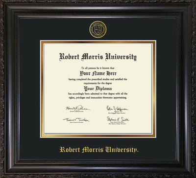 Image of Robert Morris University - Illinois Diploma Frame - Vintage Black Scoop - w/Embossed RMU Seal & Name - Black on Gold mat