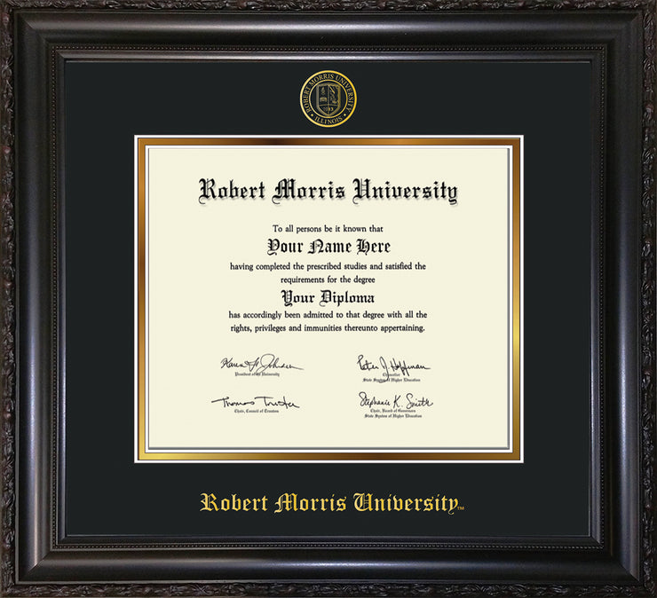 Image of Robert Morris University - Illinois Diploma Frame - Vintage Black Scoop - w/Embossed RMU Seal & Name - Black on Gold mat