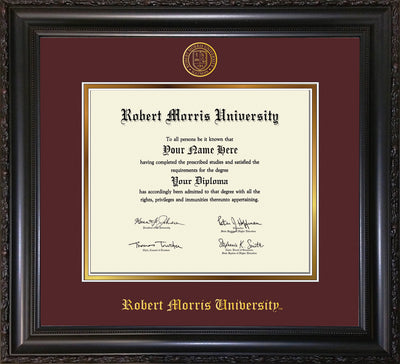 Image of Robert Morris University - Illinois Diploma Frame - Vintage Black Scoop - w/Embossed RMU Seal & Name - Maroon on Gold mat
