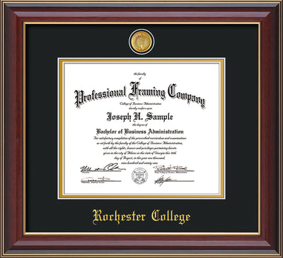 Image of Rochester College Diploma Frame - Cherry Lacquer - w/24k Gold-Plated Medallion - w/Rochester Name Embossing - Black on Gold mat