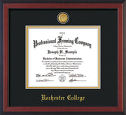 Image of Rochester College Diploma Frame - Cherry Reverse - w/24k Gold-Plated Medallion - w/Rochester Name Embossing - Black on Gold mat