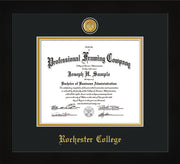 Image of Rochester College Diploma Frame - Flat Matte Black - w/24k Gold-Plated Medallion - w/Rochester Name Embossing - Black on Gold mat