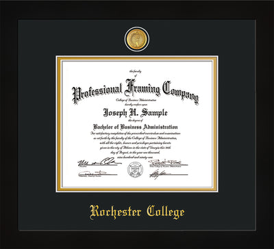Image of Rochester College Diploma Frame - Flat Matte Black - w/24k Gold-Plated Medallion - w/Rochester Name Embossing - Black on Gold mat