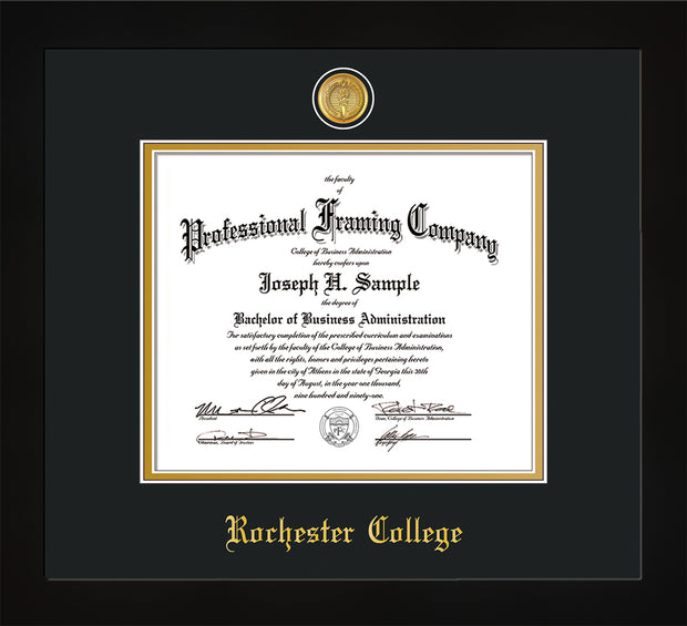 Image of Rochester College Diploma Frame - Flat Matte Black - w/24k Gold-Plated Medallion - w/Rochester Name Embossing - Black on Gold mat