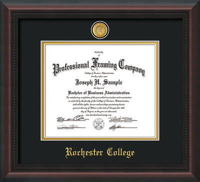 Image of Rochester College Diploma Frame - Mahogany Braid - w/24k Gold-Plated Medallion - w/Rochester Name Embossing - Black on Gold mat