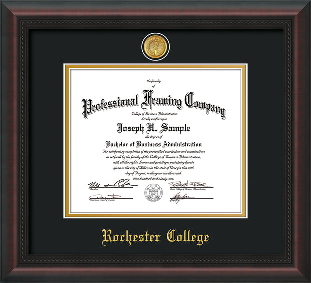Image of Rochester College Diploma Frame - Mahogany Braid - w/24k Gold-Plated Medallion - w/Rochester Name Embossing - Black on Gold mat