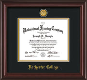 Image of Rochester College Diploma Frame - Mahogany Lacquer - w/24k Gold-Plated Medallion - w/Rochester Name Embossing - Black on Gold mat