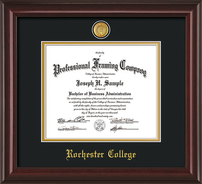 Image of Rochester College Diploma Frame - Mahogany Lacquer - w/24k Gold-Plated Medallion - w/Rochester Name Embossing - Black on Gold mat