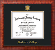 Image of Rochester College Diploma Frame - Mezzo Gloss - w/24k Gold-Plated Medallion - w/Rochester Name Embossing - Black on Gold mat